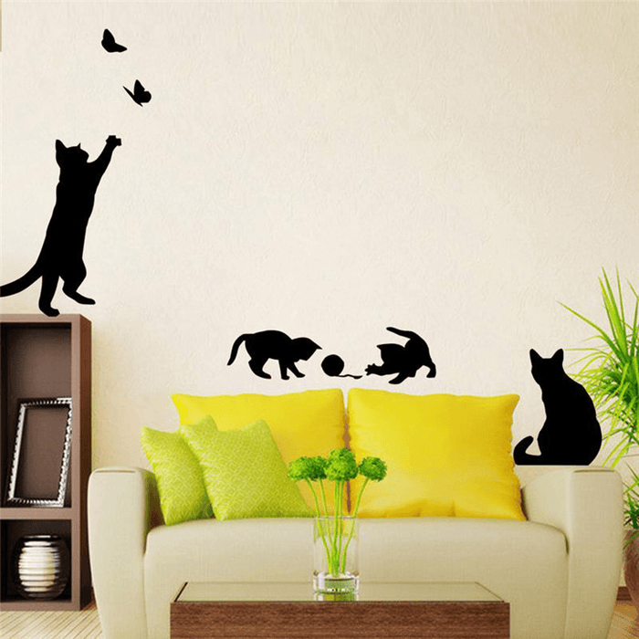 Removable Cat Play Butterflies Wall Sticker for Bedroom, Kitchen, and Living Room Decor