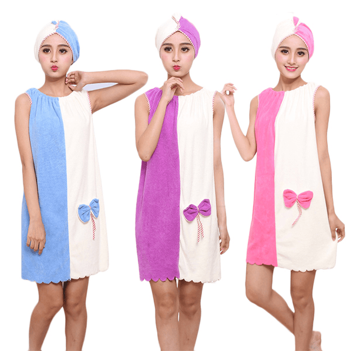 Honana BX-969 Flannel Soft Absorbent Skirts Salon Bathrobe Women SPA Bath Towel with Hair Dry Cap