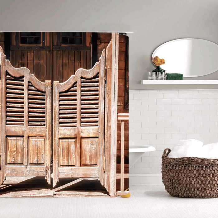 Old Wooden Door Retro Bath Pedestal Rug Lid Toilet Cover Mat Shower Curtain