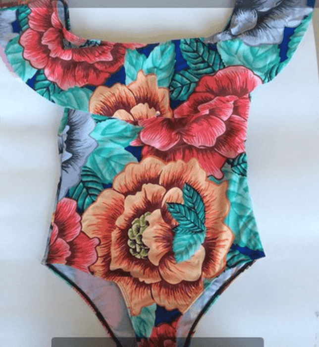 Women Women Lace Lotus Leaf Print Sexy Swimsuits Bodysuits Ladies Beach Shoulder One Piece Jumpsuits