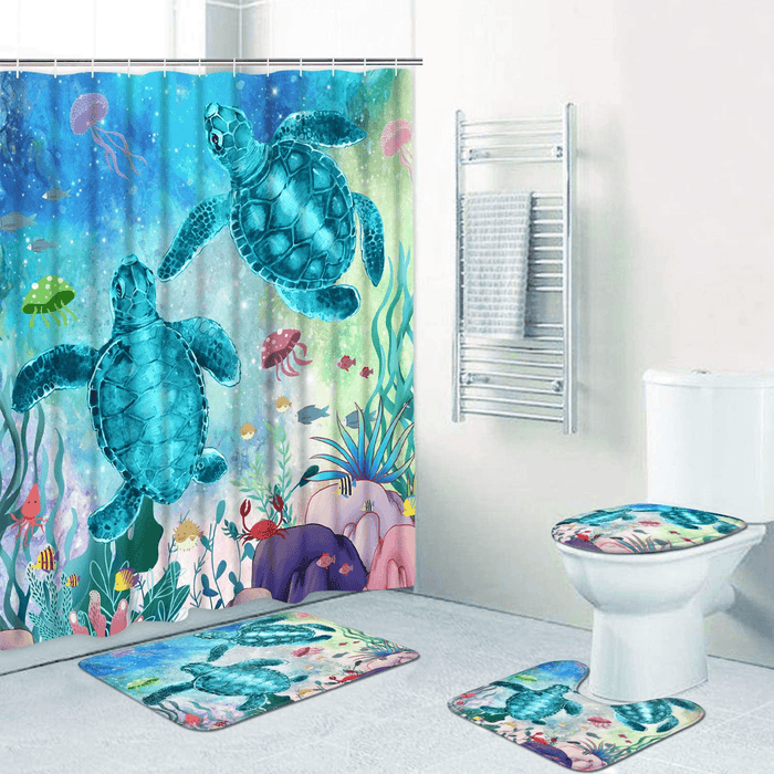 Blue Sea Turtle Shower Curtain 12 Hooks Bathroom Mat Toilet Cover Rug Decor
