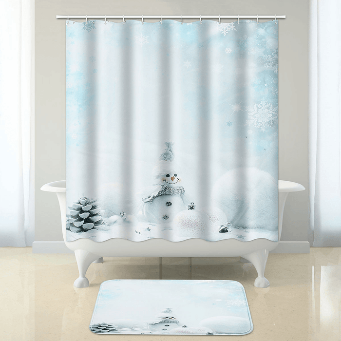 Bathroom Set Non Slip Rug Lid Toilet Cover Bathroom Mat Shower Curtain Snowman