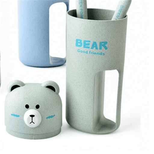 Honana Cute Bear Wheat Straw Portable 4 Color Options Toothbrush Organizer Travel Washing Cup Set 2 Toothbrushes Incuded