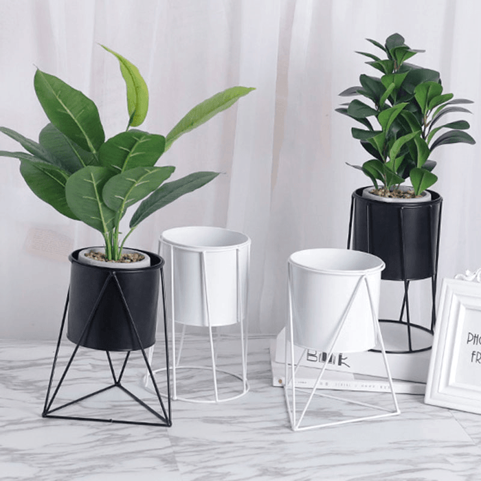 Gardening White Black Metal Rack Ceramic Succulent Plant Pot Desktop Vase Flower Planter Decorations