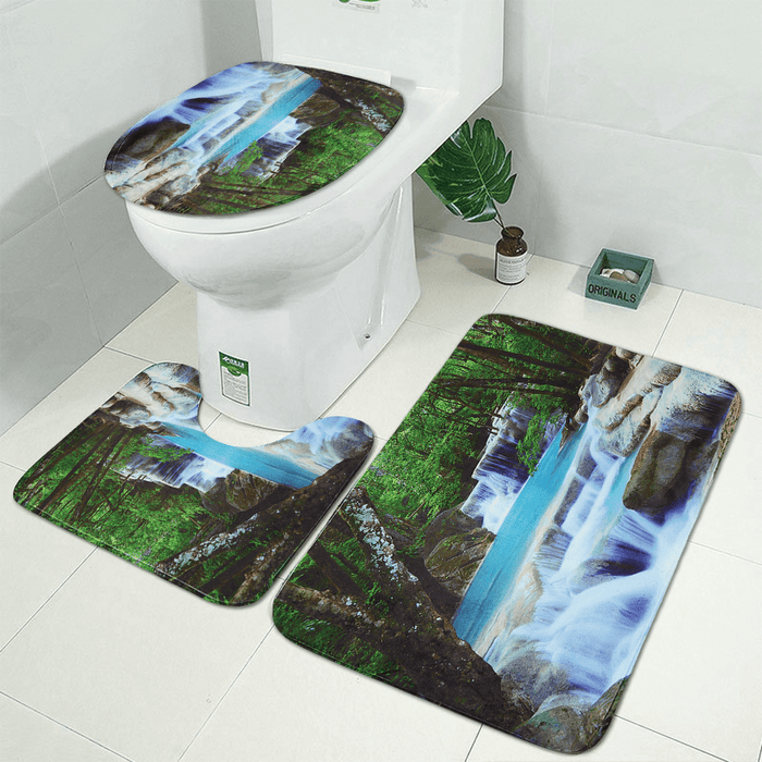 3D Bathroom Shower Curtain Waterfall Non-Slip Mat Set Lid Toilet Cover Rug Bath