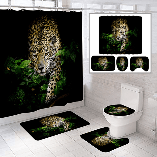 3D Leopard Pattern Shower Curtain Anti-Slip Bath Mat Toilet Pad Set Toilet Pattern Carpet for Home Bath Decor