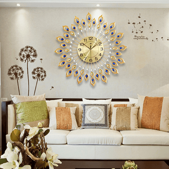 67CM Luxury Peacock Diamond Iron Art Wall Clock Living Bed Room Watch Home