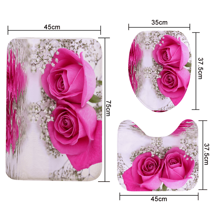 Pink Rose Waterproof Bathroom Shower Curtain Toilet Cover Bath Mat Pedestal Rug