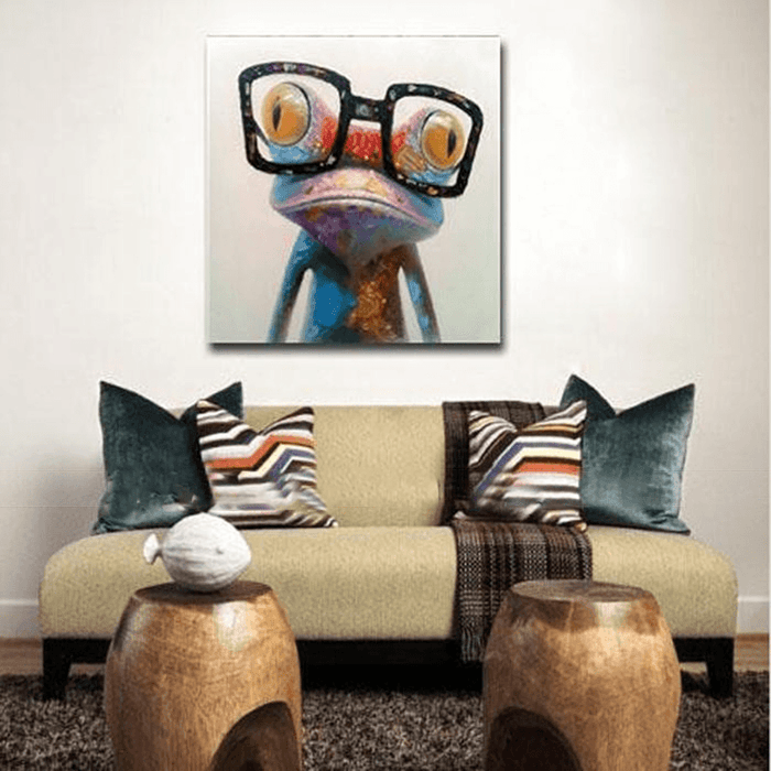 Miico Hand Painted Oil Paintings Animal Modern Art Happy Frog with Glasses on Canvas Wall Art for Home Decoration 30X30Cm