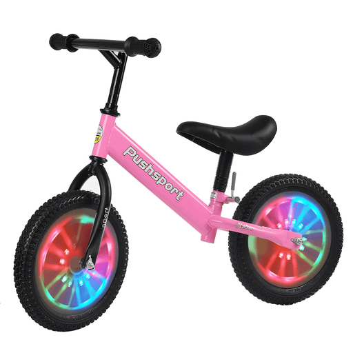 Kids Adjustable Height Flashing Balance Bikes Children Bicycle with Comfortable Cushions＆Non-Slip Handles Wear-Resistant＆Shock-Absorbing Rubber Tires Aged 2-7 Years Old