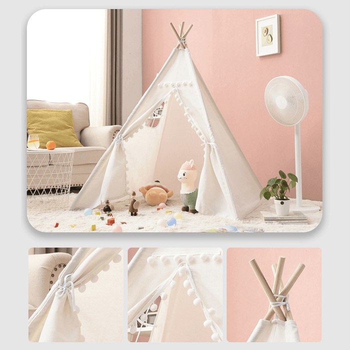 1.35M-1.8M Baby Tents Teepee Durable＆Quality Cotton Canvas Triangle Tent Kids Playhouse Pretend Indoor/Outdoor Play Tent Decoration House Game Gift