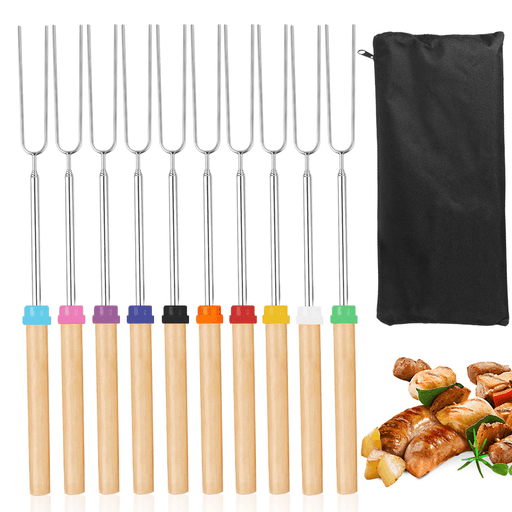 10 Pcs BBQ Fork Stainless Steel BBQ Skewer Wooden Handle BBQ Needle Reusable Barbecue Meat String Grill Fork BBQ Accessories