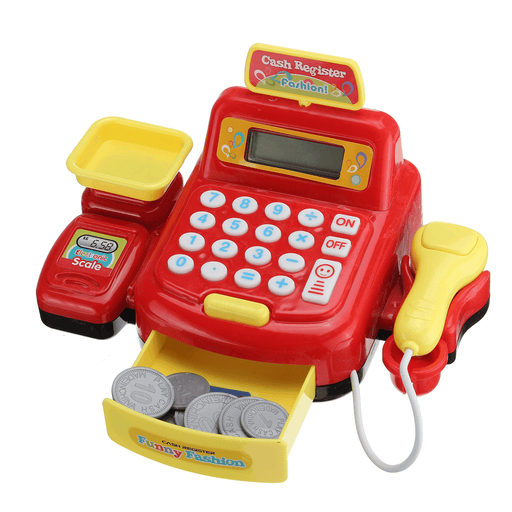 Children Emulational Supermarket Cash Register Toy Checkout Scanner Weighing Platform+Coins Pretend Play with Sound＆Light Interest Development Gifts