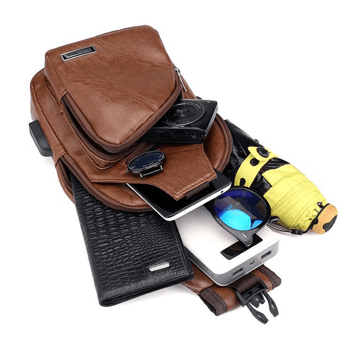 Casual Outdoor Travel USB Charging Port Sling Bag Leather Chest Bag Crossbody Bag