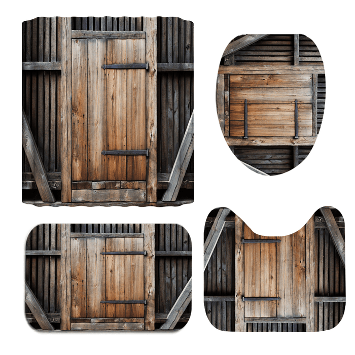 Vintage Wooden Door Waterproof Shower Curtain Toilet Lid Cover Pedestal Rug Non-Slip Bath Mat Set