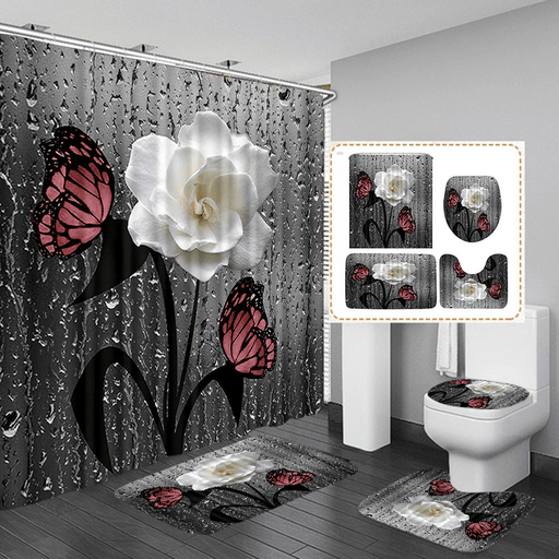 Butterfly Flower Shower Curtain Set Waterproof Polyester Bathroom Mat Set