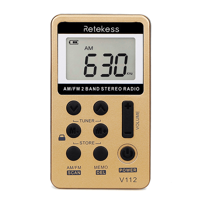 Retekess V-112 Gold Portable AM FM Stereo Radio with Earphones Pocket Mini Digital Tuning Rechargeable Battery Operated Radio LCD Display Radio for Walk