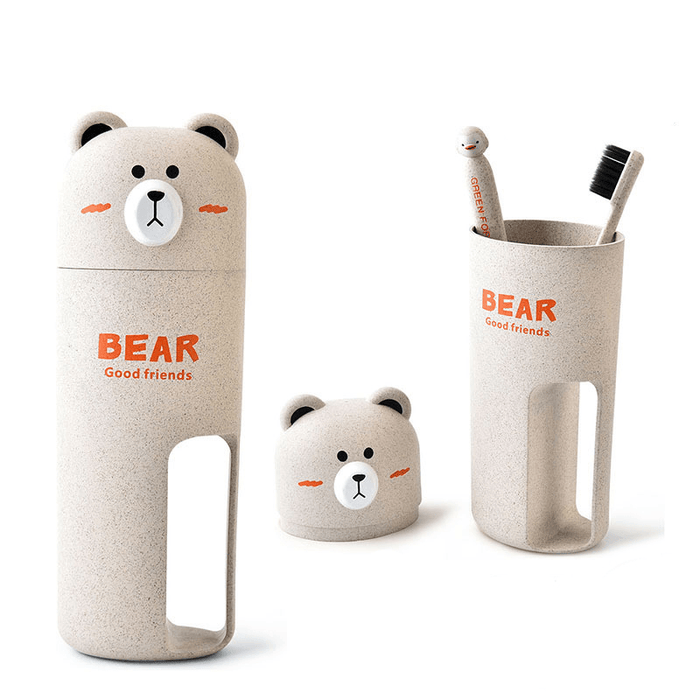 Honana Cute Bear Wheat Straw Portable 4 Color Options Toothbrush Organizer Travel Washing Cup Set 2 Toothbrushes Incuded