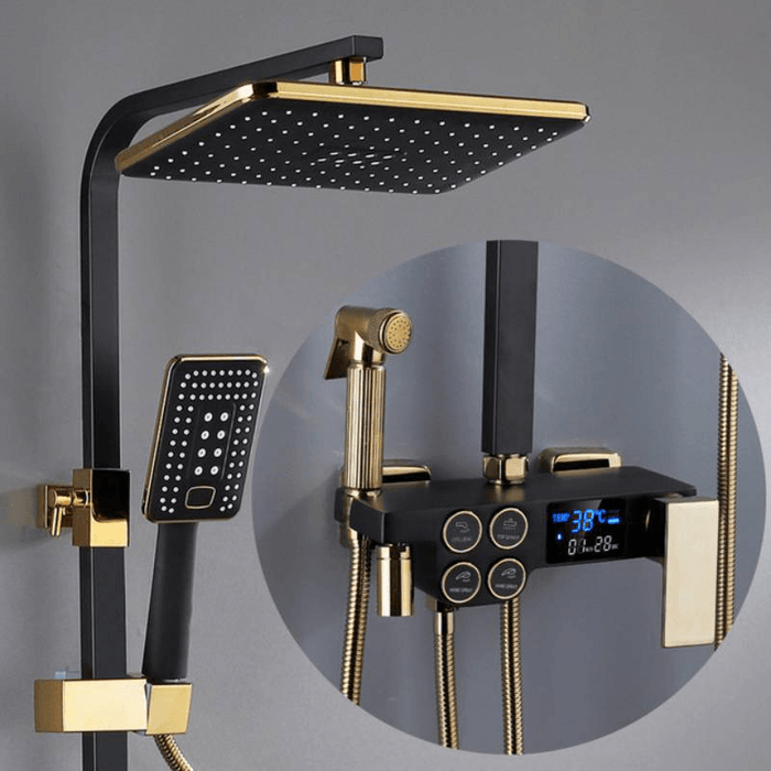 Thermostatic Digital Shower Set Faucet Bathroom Shower System Black Gold Shower Faucet Square Shower Head Bath Shower System