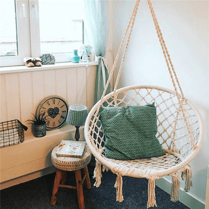 Cotton Hammock Seat Hanging Chair Tassel Deluxe Swing Chair Max Load 120Kg Outdoor Indoor Patio Garden