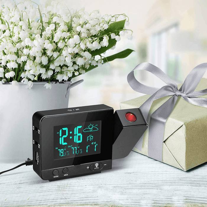 Digital Projection Clock LED Display Dimmer USB Charger Alarm Clock with Indoor Outdoor Thermometer for Home Bedroom Decoration Clock