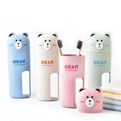 Honana Cute Bear Wheat Straw Portable 4 Color Options Toothbrush Organizer Travel Washing Cup Set 2 Toothbrushes Incuded