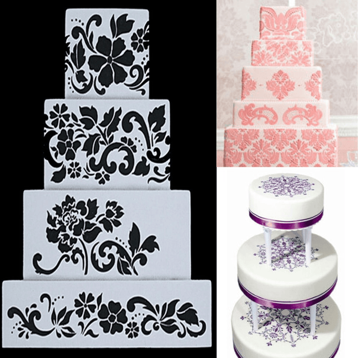 4Pcs DIY Cake Cookie Flower Fondant Side Reusable Baking Stencil Wedding Decor