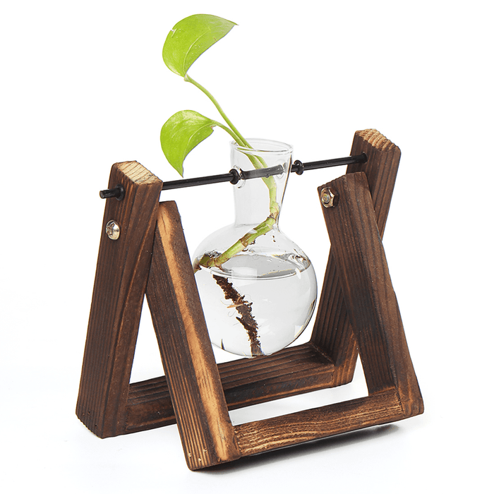 Mini Hanging Glass Tabletop Hydroponic Flower Pot Vase with Wooden Tray