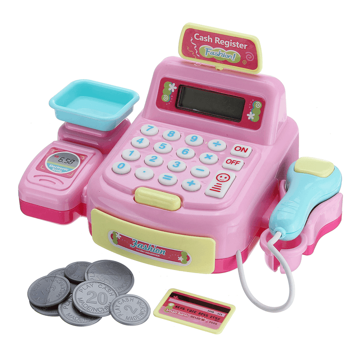 Children Emulational Supermarket Cash Register Toy Checkout Scanner Weighing Platform+Coins Pretend Play with Sound＆Light Interest Development Gifts