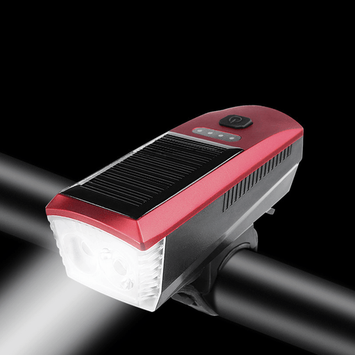 Solar Powered USB Rechargeable T6 Bike Light Multifunction 4 Modes Waterproof 350LM 120Db Horn Super Bright Bike Headlight Front Lights Bike Accessories