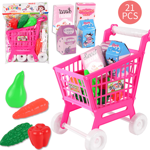 21Pcs/Set Toy Shopping Cart Pretend Supermarket Food Items Children Educational Play Toy for Ages 3 and Up