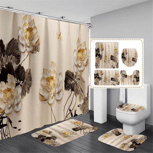 Printing Plum Blossom Shower Curtain Set Waterproof Odorless Anti-Slip Bath Mat Set
