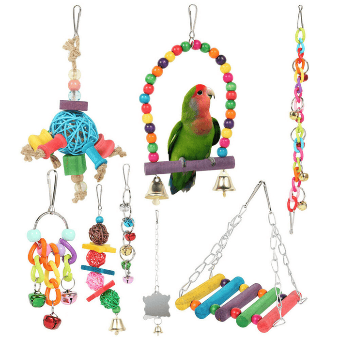 8 Pcs Pet Bird Toys Chewing Hanging Bell Parrot Swing Budgie Cockatrice Cage Set