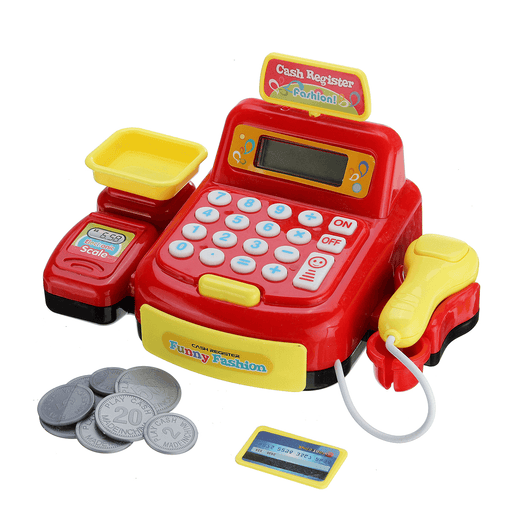 Children Emulational Supermarket Cash Register Toy Checkout Scanner Weighing Platform+Coins Pretend Play with Sound＆Light Interest Development Gifts