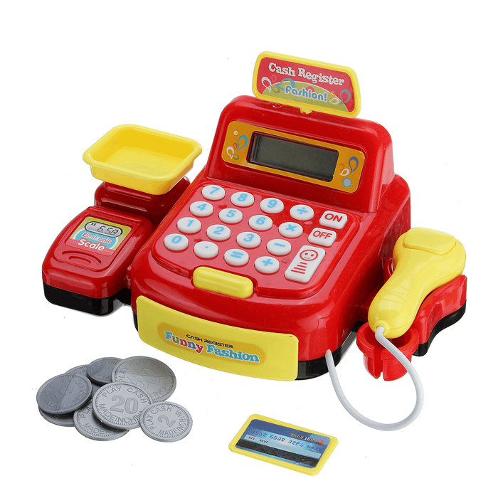 Children Emulational Supermarket Cash Register Toy Checkout Scanner Weighing Platform+Coins Pretend Play with Sound＆Light Interest Development Gifts