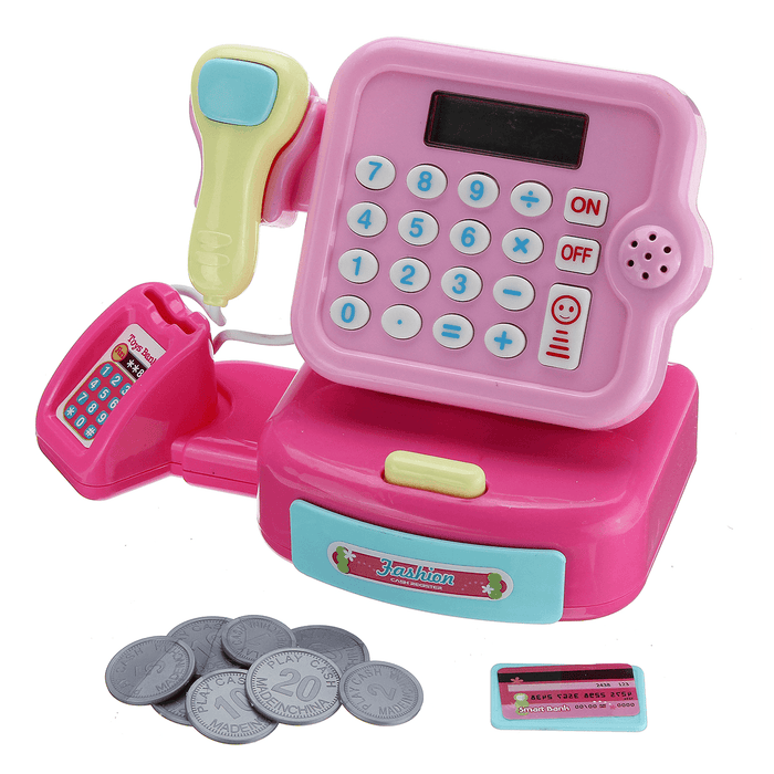 Children Emulational Supermarket Cash Register Toy Checkout Scanner Weighing Platform+Coins Pretend Play with Sound＆Light Interest Development Gifts