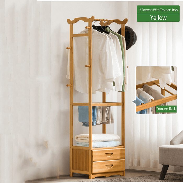 8 Hook Coat Rack 2/3 Drawer Bamboo Wooden Hanging Stand Cloth Trousers Hanger Home Office Storage