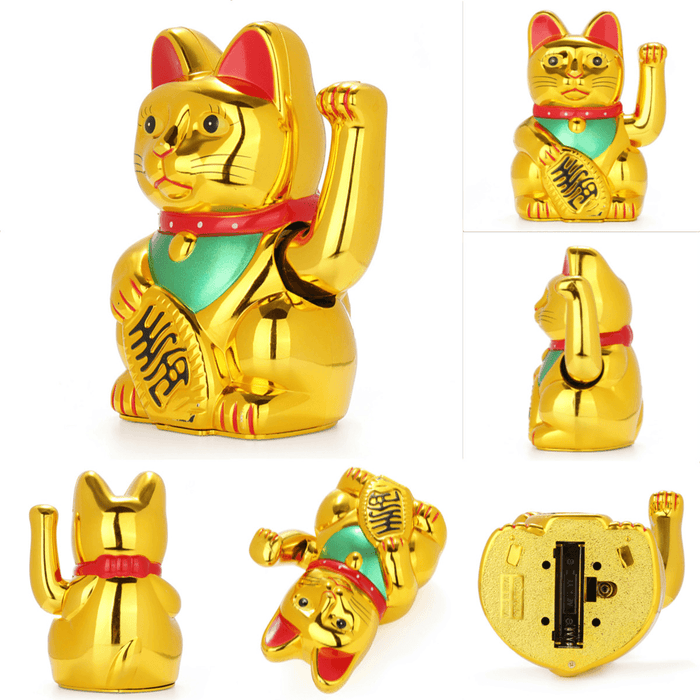 6" Chinese Lucky Waving Hand Maneki Neko Gold Fortune Feng Shui Cat Moving Arm Doll