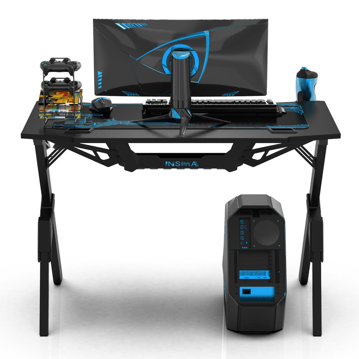 43.3" Gaming Computer Desk Black Gamer Table with Cable Management Box Cup Holder Headphone Hook & Mouse Pad for Home Office