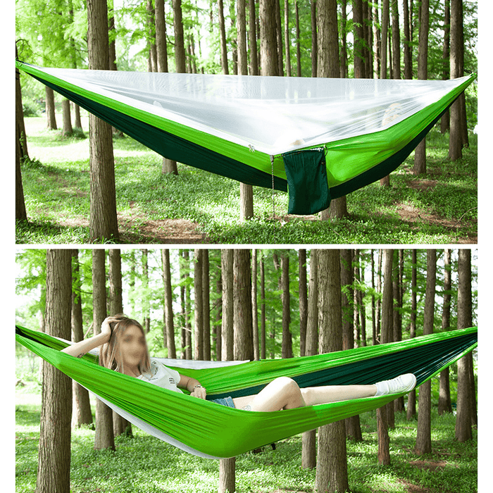 Double Person Camping Hammock with Mosquito Net + Awning Outdoor Hiking Travel Hanging Hammock Set Bearable 300Kg