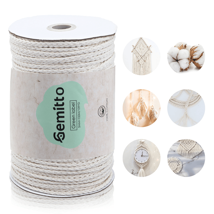 GEMITTO 100M Braided Rope Cotton Yarn Cords 100% Cotton DIY Craft Knitting Wall Hanging for Hand Knitted Gifts