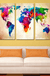 Miico Hand Painted Three Combination Decorative Paintings Colorful World Map Wall Art for Home Decoration