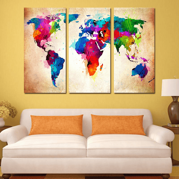 Miico Hand Painted Three Combination Decorative Paintings Colorful World Map Wall Art for Home Decoration