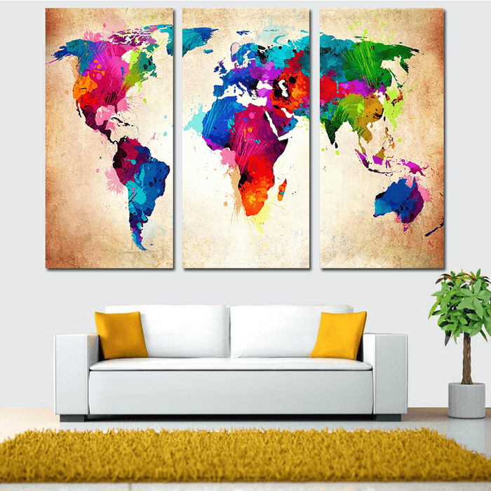 Miico Hand Painted Three Combination Decorative Paintings Colorful World Map Wall Art for Home Decoration