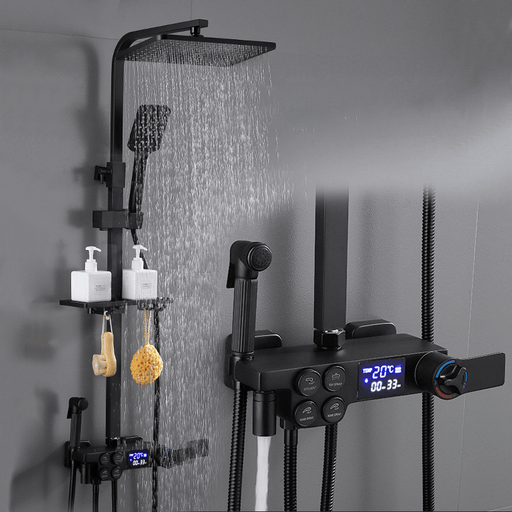 Thermostatic Digital Shower Set Faucet Bathroom Shower System Black Gold Shower Faucet Square Shower Head Bath Shower System