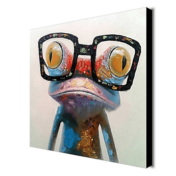 Miico Hand Painted Oil Paintings Animal Modern Art Happy Frog with Glasses on Canvas Wall Art for Home Decoration 30X30Cm