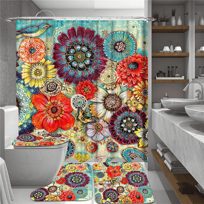 180Cmx180Cm Colorful Flowers Shower Curtain Set Durable Waterproof Shower Mat Set