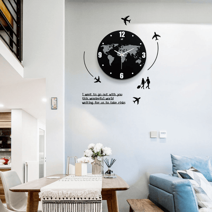 World Map Wall Clock Modern Travel around Density Fibreboard Record Home Kitchen