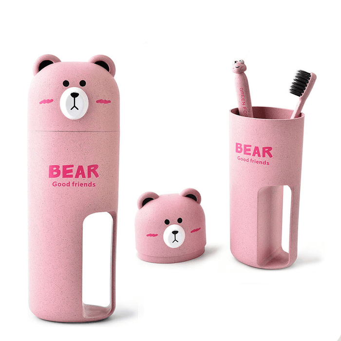 Honana Cute Bear Wheat Straw Portable 4 Color Options Toothbrush Organizer Travel Washing Cup Set 2 Toothbrushes Incuded