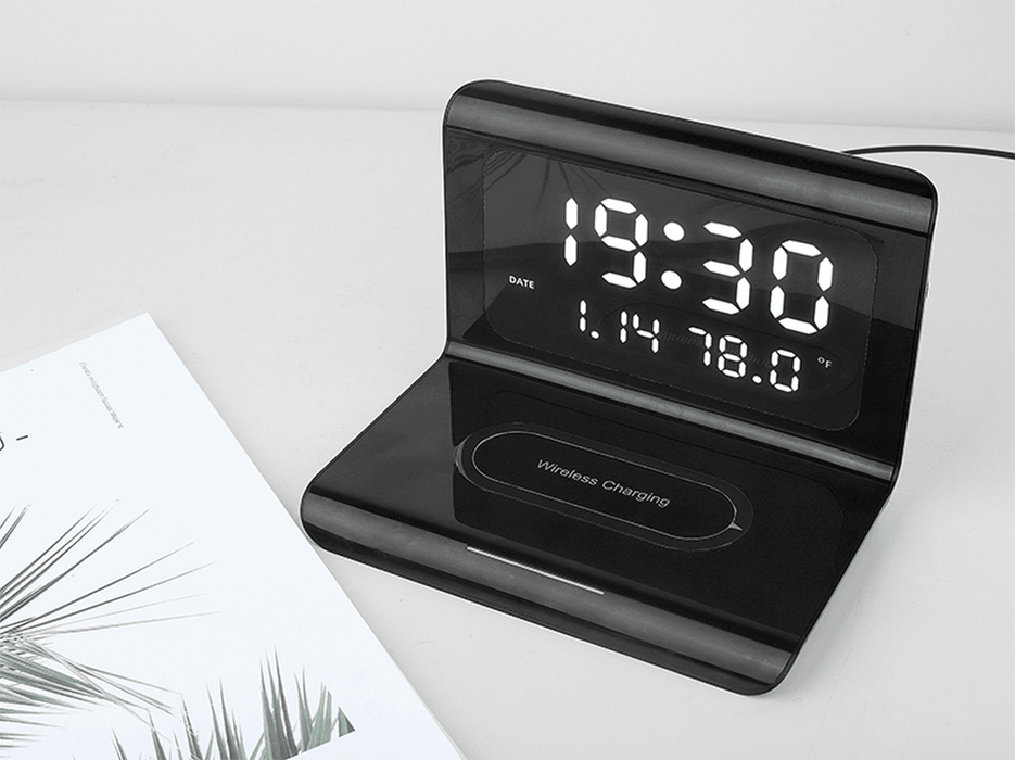 Electric LED 12/24H Alarm Clock with Phone QI 10W Wireless Charger Table Digital Thermometer LED Display Desktop Clock Perpetual Calendar